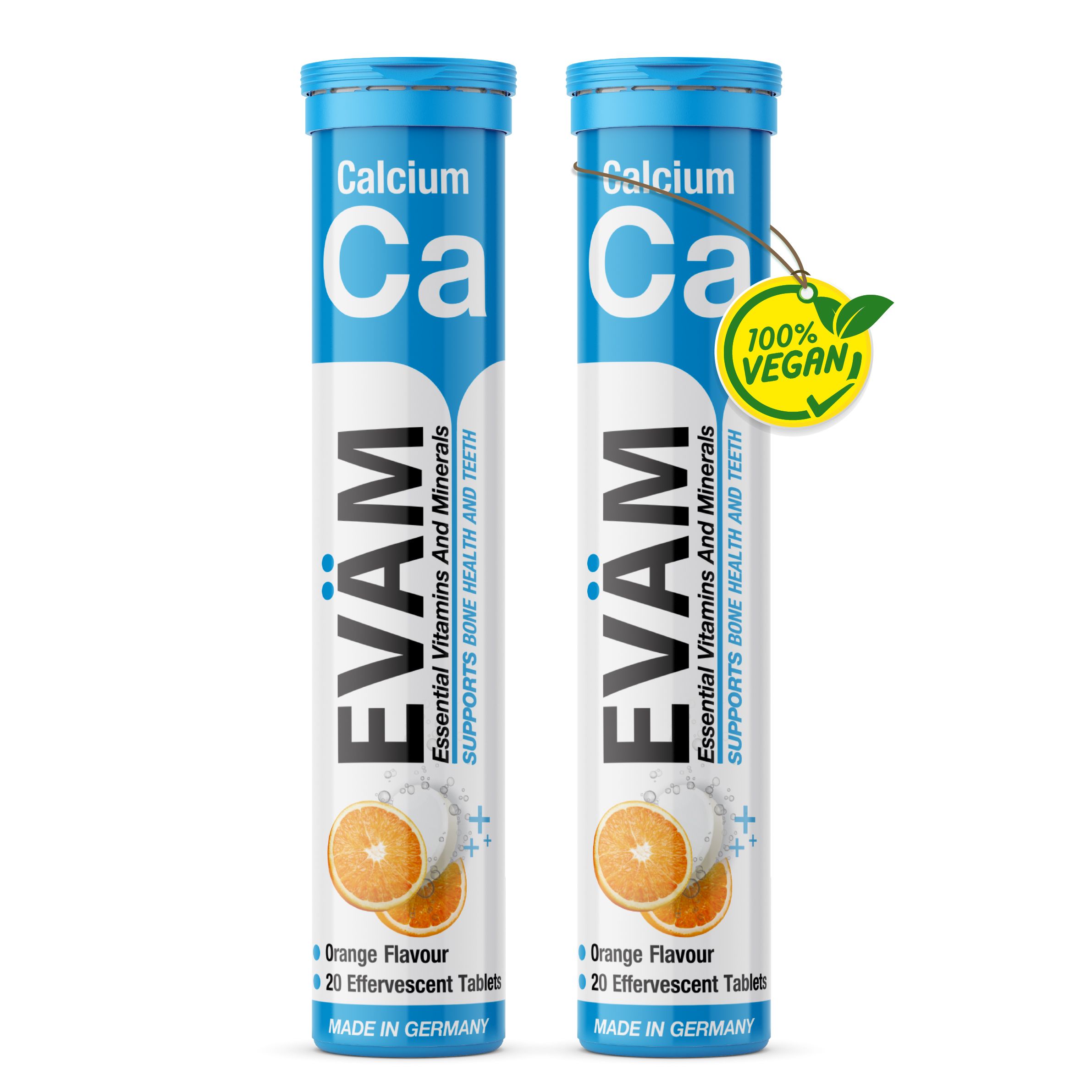 Zwei EVÄM Calcium Brausetabletten, blaue Verpackung, Text: Calcium, EVÄM, Orangen-Geschmack, 100% Vegan. Made in Germany.
