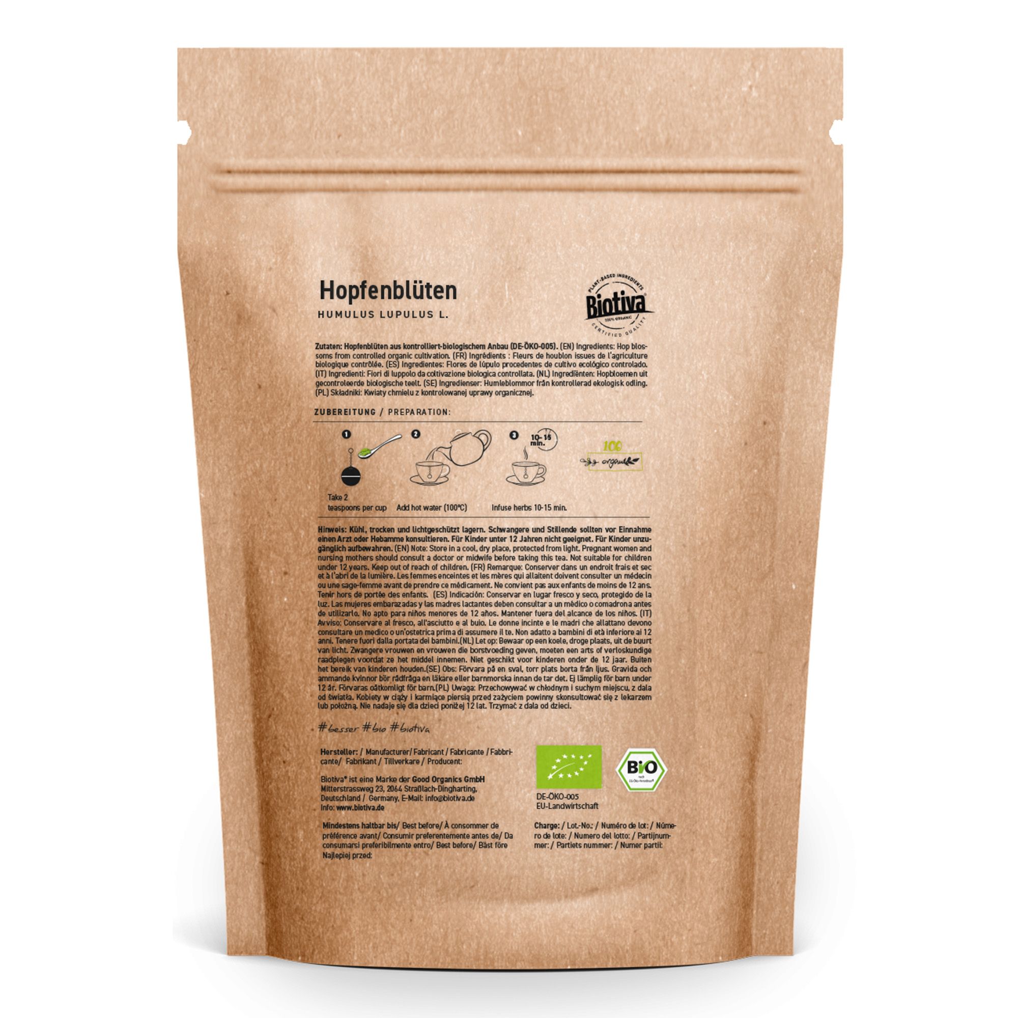 Rückseite der braunen Papierverpackung mit Text und Zubereitungshinweisen. Bio-Siegel.