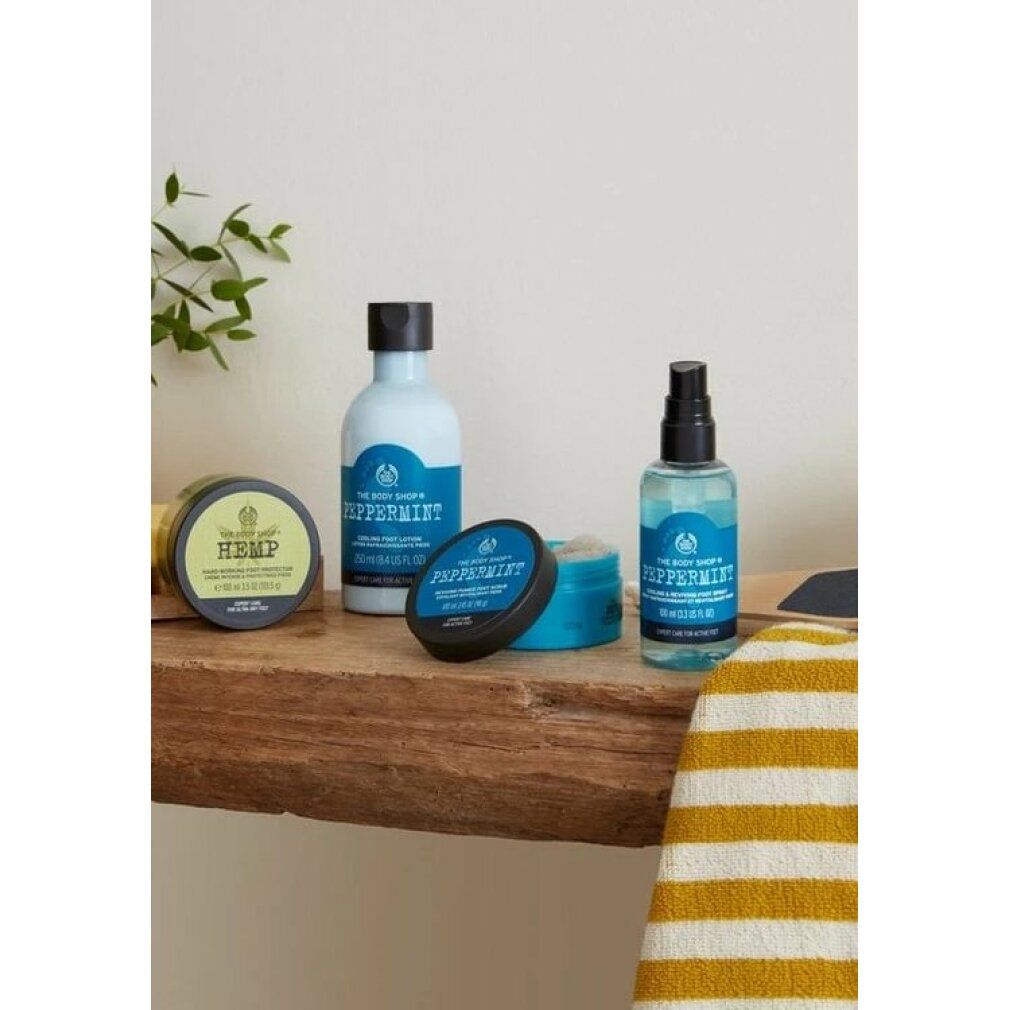 Verschiedene Produkte auf Holzregal. Darunter: Peppermint Fußpeeling, Bodylotion, Körperspray. Marke: The Body Shop. Aufschrift: Peppermint.