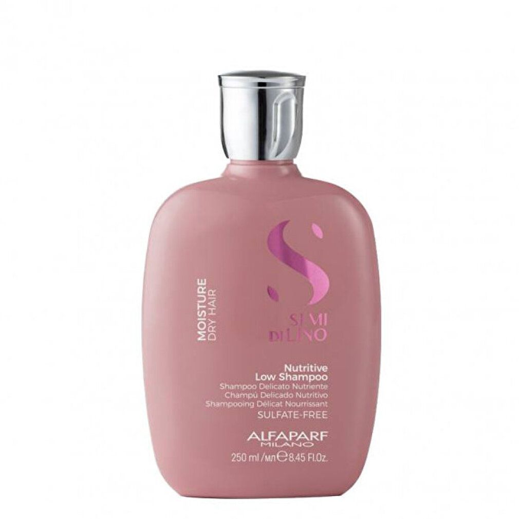 Eine rosa Flasche mit silbernem Verschluss, die "Semi di Lino Nutritive Low Shampoo" enthält.