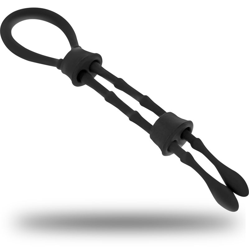 Schwarze Silikon-Hodenschlaufe. Zwei längliche Elemente mit runder Basis und Ring. Schattenwurf.
