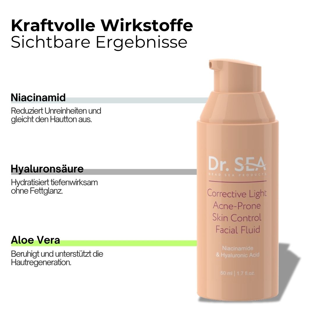 Beige Flasche. Aufschrift: Dr. SEA, Corrective Light, Acne-Prone Skin Control Facial Fluid. Text über Inhaltsstoffe.