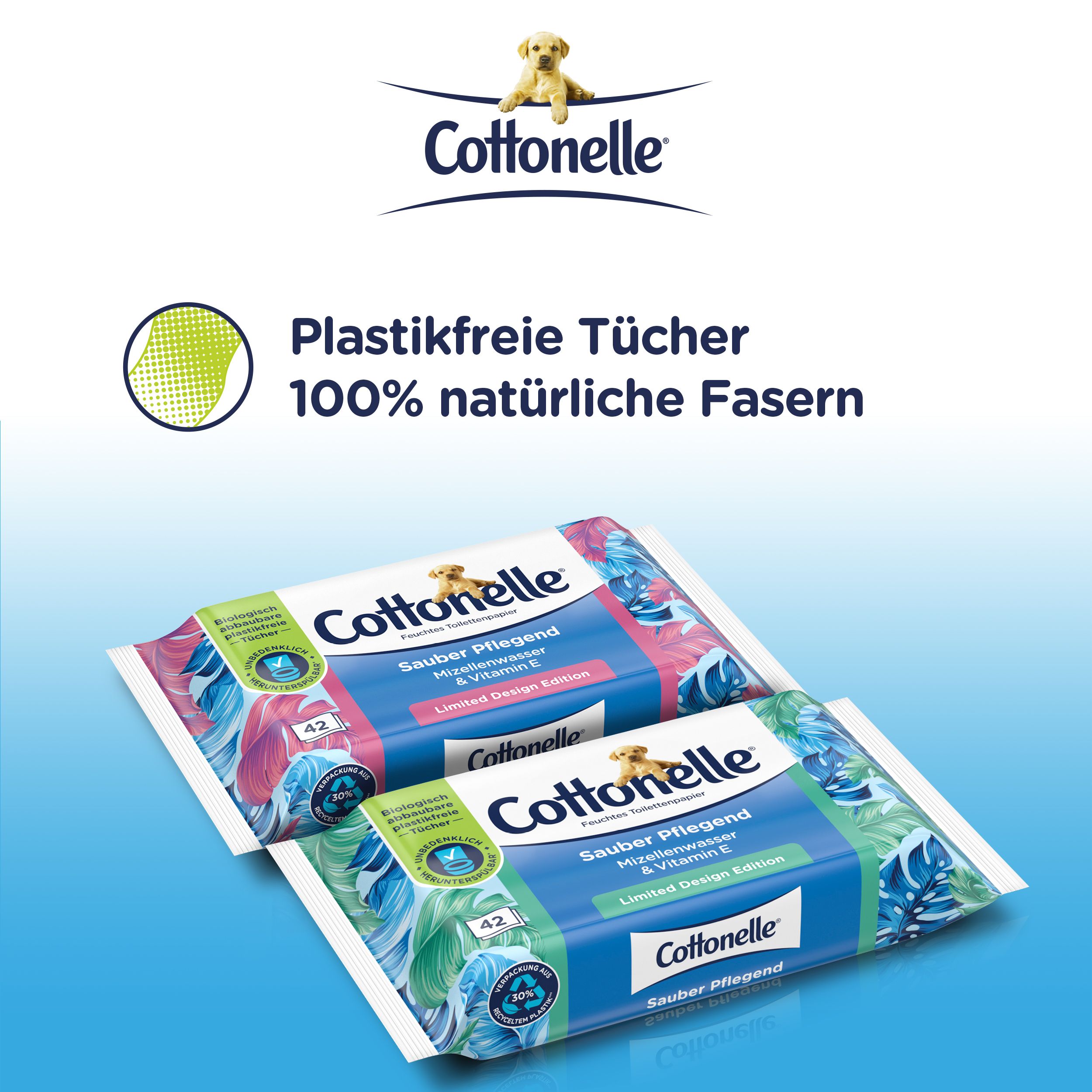 Zwei Packungen Cottonelle Feuchtes Toilettenpapier. Aufdruck: Sauber Pflegend, Mizellenwasser & Vitamin E, Limited Design Edition. 42 Tücher.