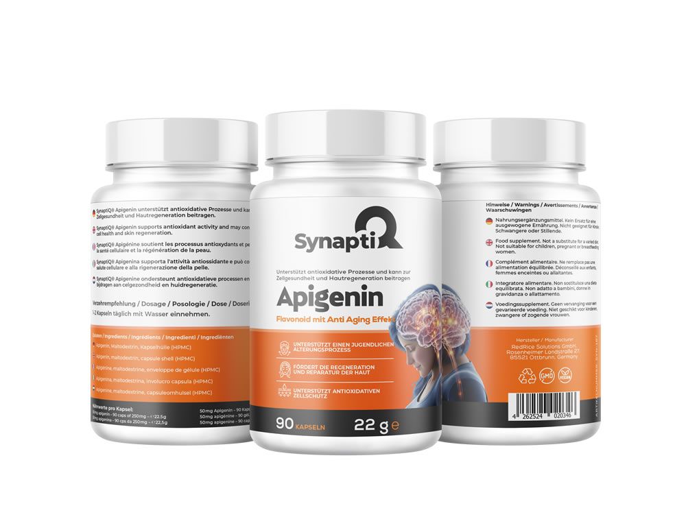 Drei weiße Flaschen mit "SynaptiQ" und "Apigenin" Aufschrift. Orangefarbener Streifen mit Text und Gehirnabbildung. 90 Kapseln.