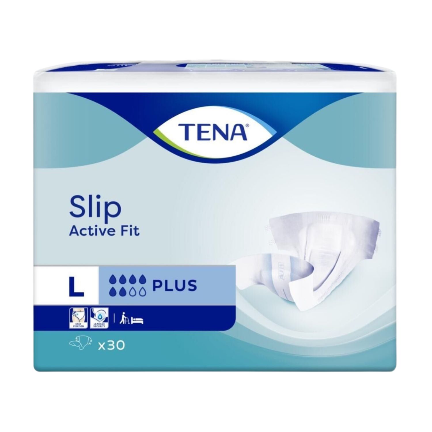 Verpackung TENA Slip Active Fit Plus. Größe L. 30 Stück. Blaue und weiße Verpackung mit Produktabbildung.