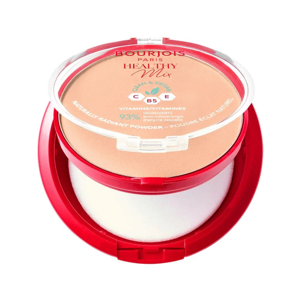 Runder Puderbehälter, rot, geöffnet. Puder und Schwämmchen sichtbar. Aufschrift: Bourjois Paris Healthy Mix. Vegan, Vitamin C, B5, E.