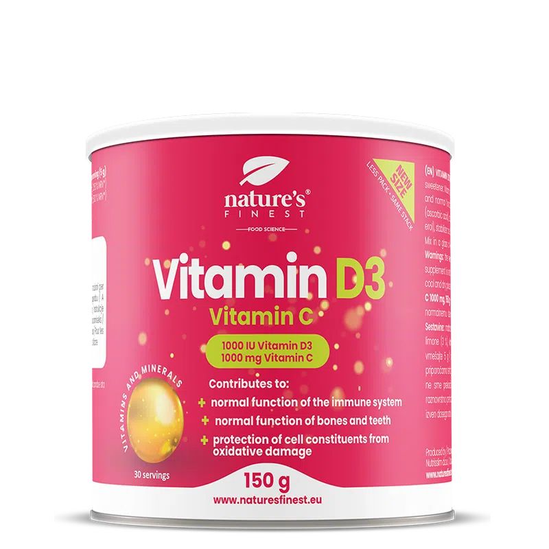 Nature's Finest Vitamin D3 + Vitamin C Dose, 150g. Enthält 1000 IE Vitamin D3 und 1000 mg Vitamin C.
