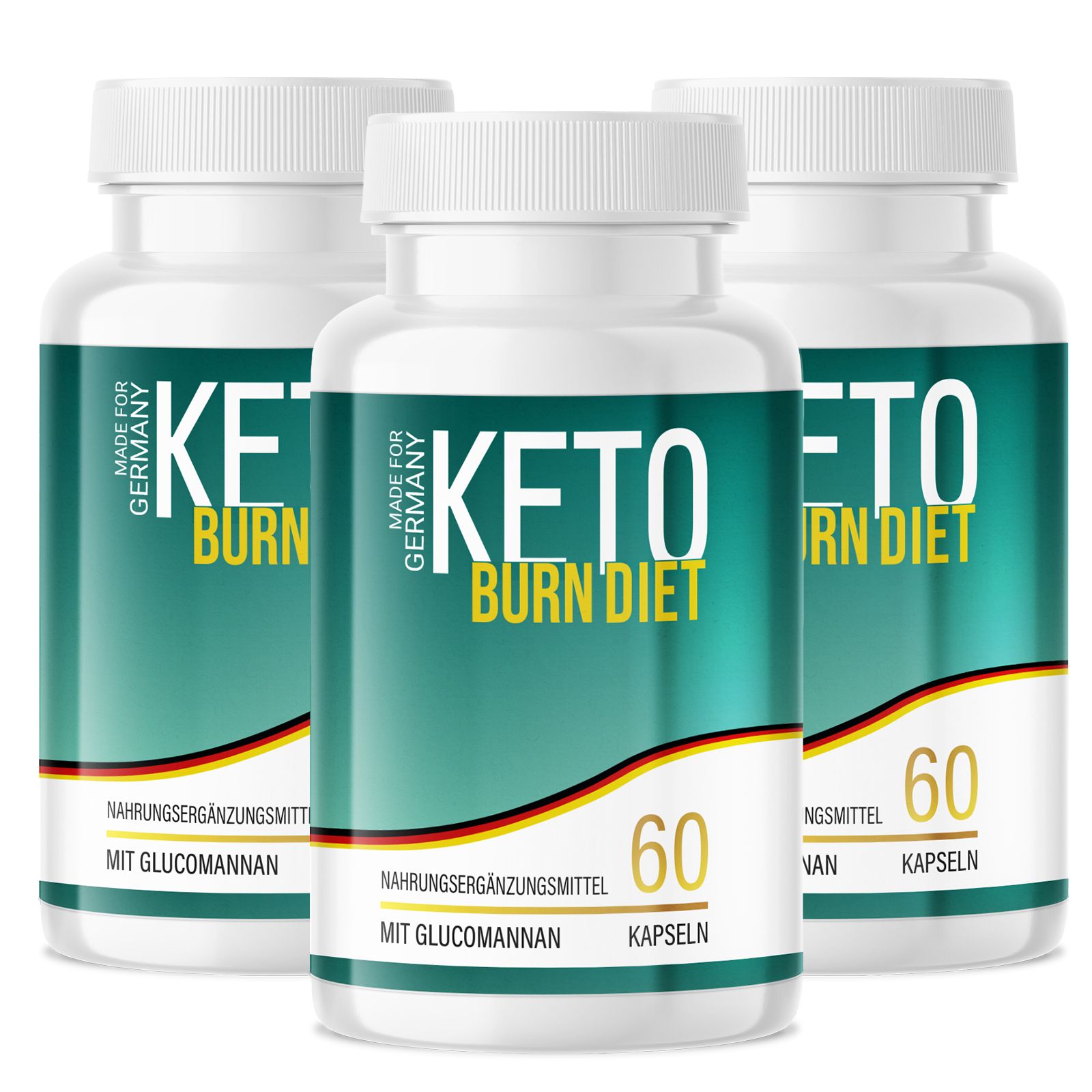 Drei weiße Flaschen mit grünen Etiketten. Aufschrift: Keto Burn Diet, 60 Kapseln, Made for Germany. Enthält Glucomannan.