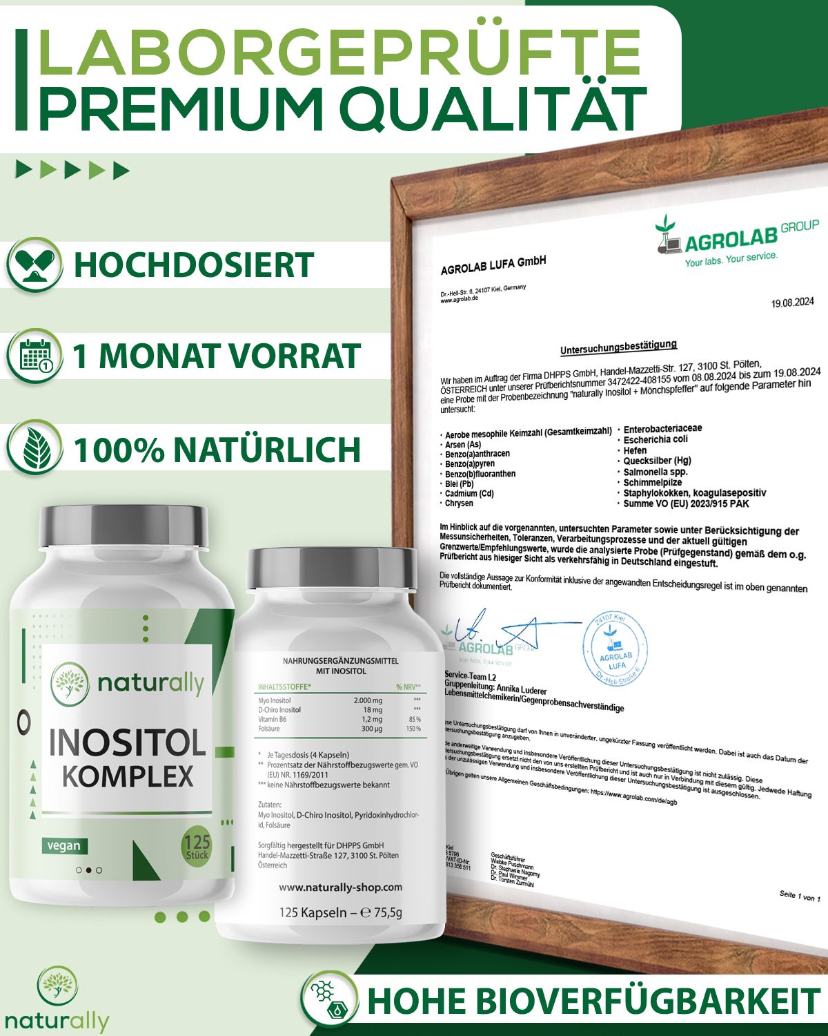 Zwei Flaschen 'Inositol Komplex' und ein Laborzertifikat. Text: 'Laborgeprüfte Premium Qualität', '1 Monat Vorrat', '100% natürlich'.