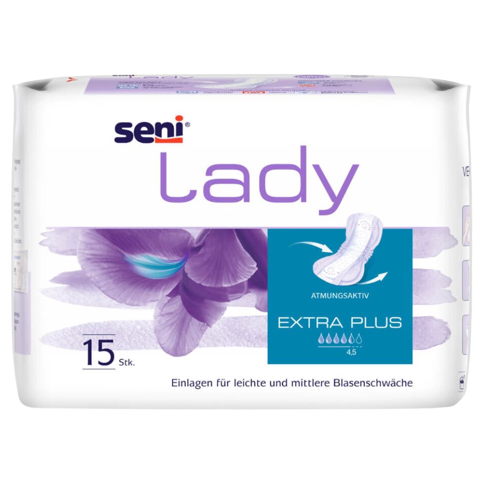 Packung Seni Lady, 15 Stück, mit floralem Design und Produktabbildung. Extra Plus für leichte bis mittlere Blasenschwäche.
