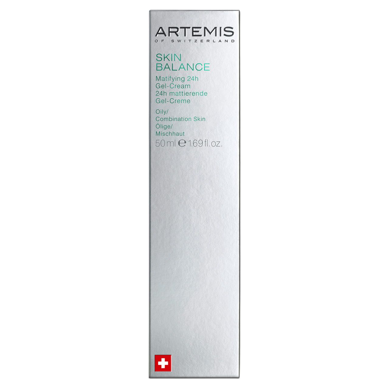 Schachtel mit Produktinformationen. Text: ARTEMIS, SKIN BALANCE, Matifying 24h Gel-Cream, für ölige/Mischhaut. Schweizer Kreuz.