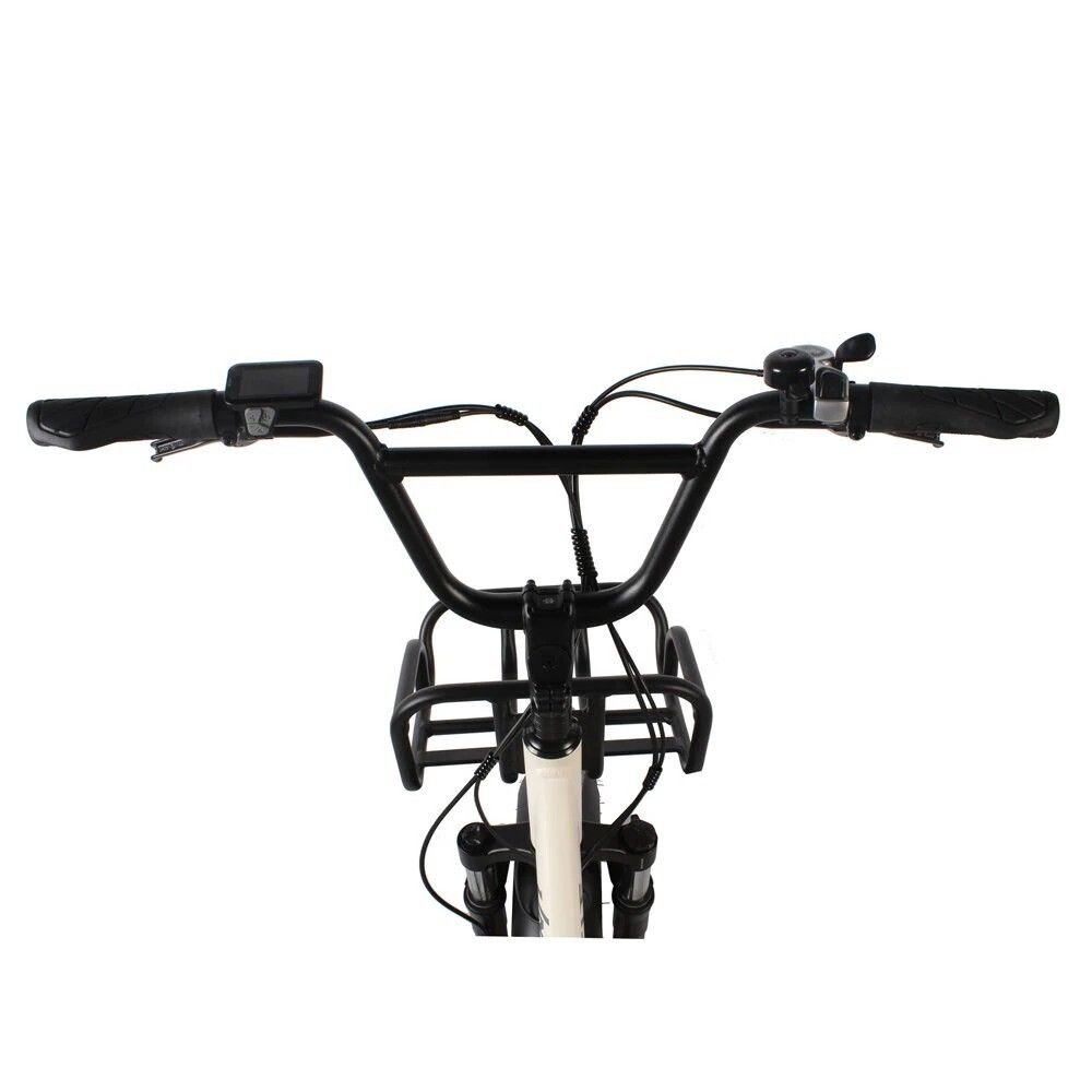 Schwarzer Lenker mit integriertem Display. Frontkorb. Schwarze Griffe. Drahtführung.