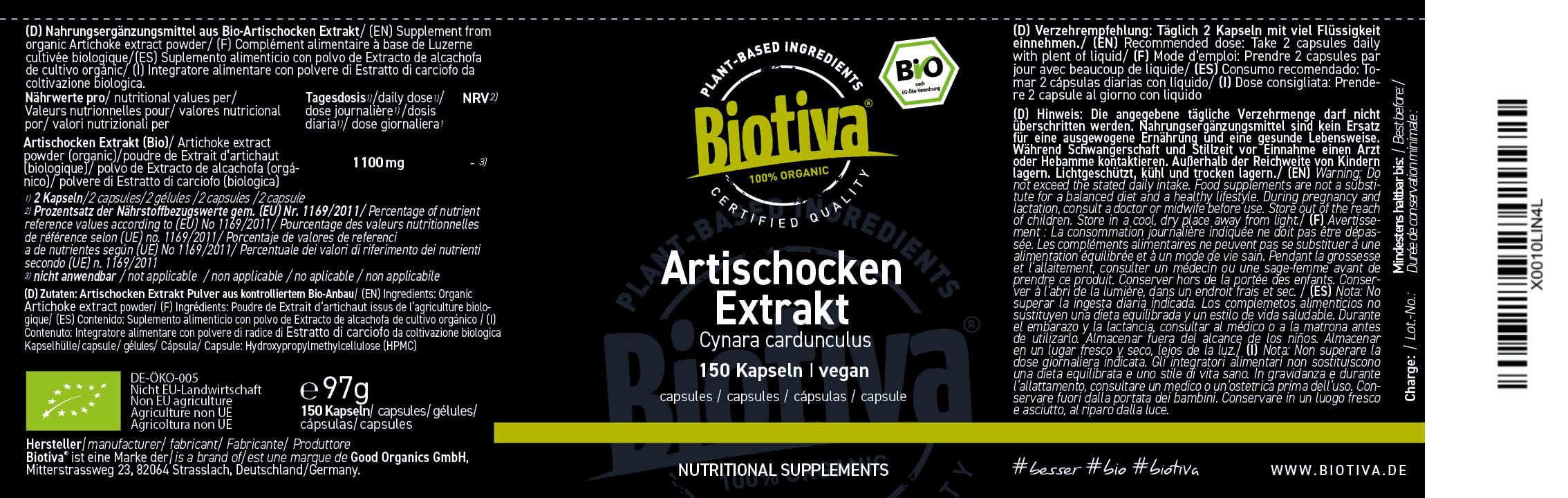 Etikett mit Produktinformationen. Biotiva Artischocken Extrakt, 150 Kapseln, vegan. Bio-Siegel. Text in deutscher Sprache.