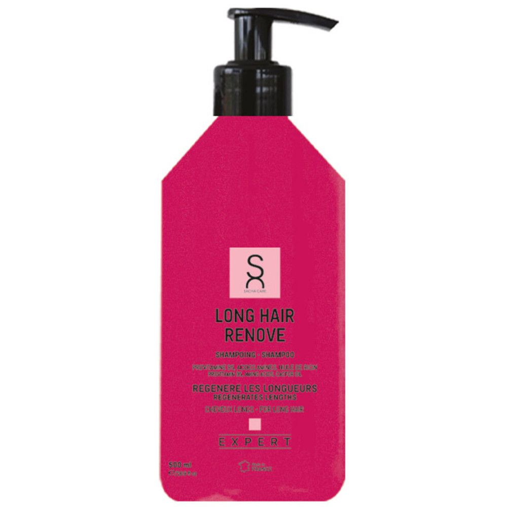 Flasche mit Pumpspender. Rosa Flasche mit schwarzem Pumpkopf. Aufschrift: Long Hair Remove, Expert.