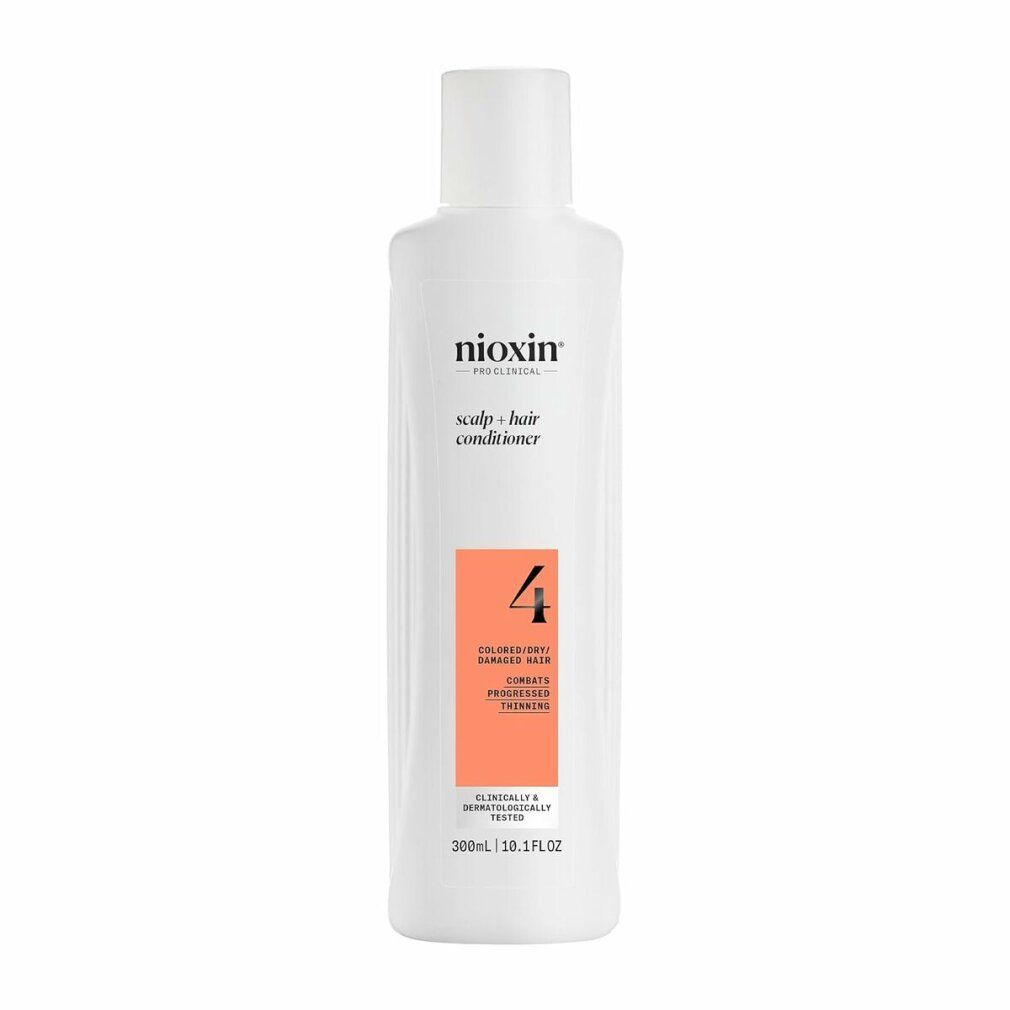 Weiße Flasche mit Nioxin-Logo und Aufschrift "scalp + hair conditioner". Orangefarbenes Etikett mit "4". Für coloriertes Haar.