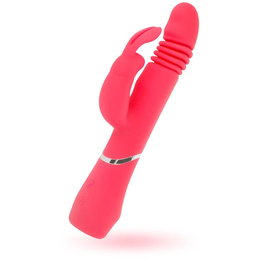 Rosa Vibrator mit geriffelter Spitze, Hasenohren und Bedienknöpfen. Silberfarbener Akzent.