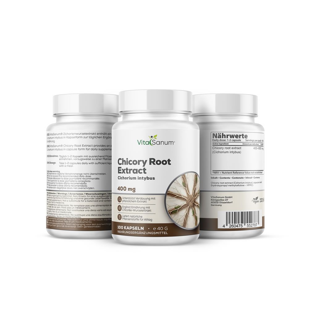 Drei weiße Flaschen VitaSanum® Chichorienwurzel Extrakt. Aufschrift: 400 mg, 100 Kapseln, Nahrungsergänzungsmittel. Produktabbildung.