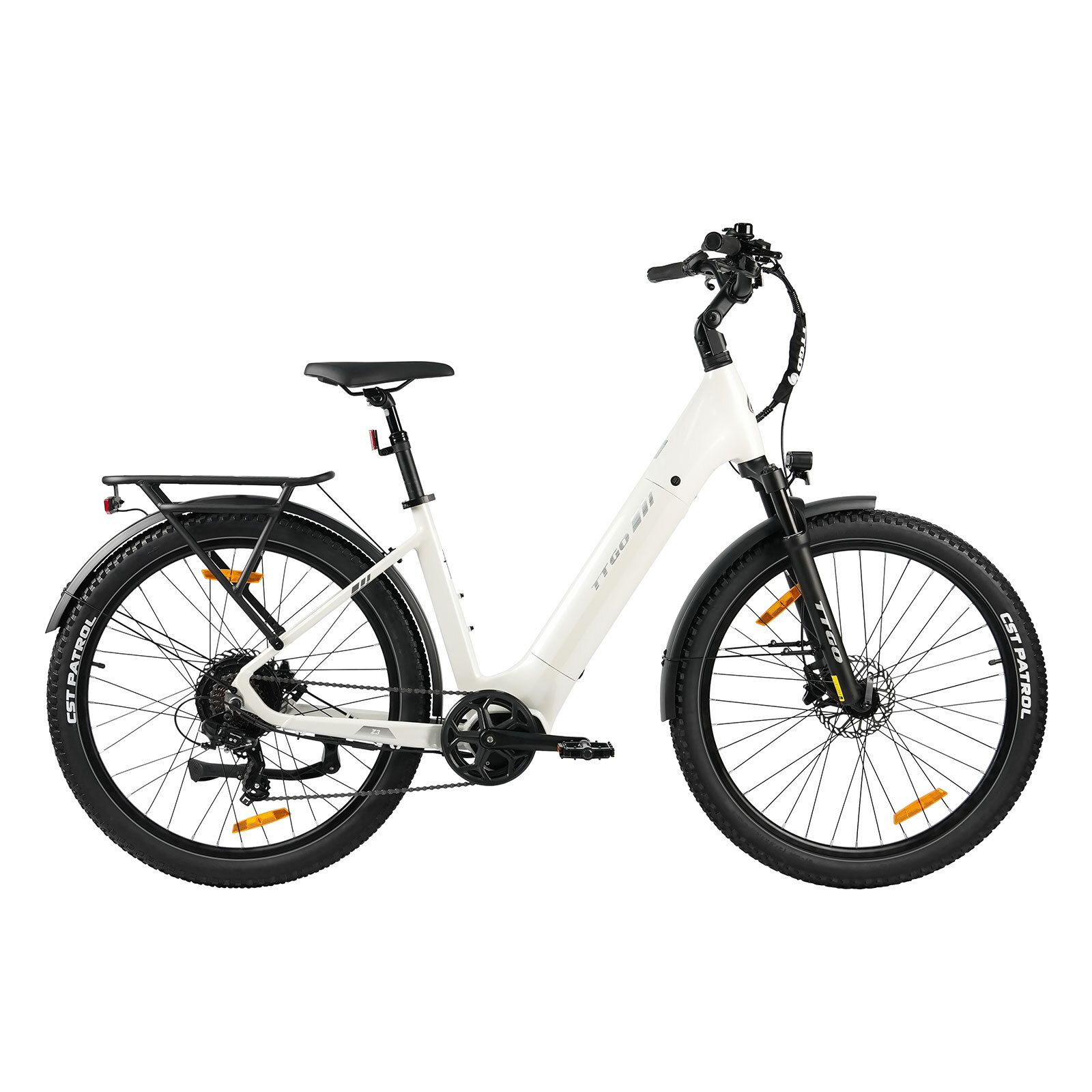 Weißes Elektrofahrrad mit schwarzen Reifen und Details. Gepäckträger, Schutzbleche und hydraulische Scheibenbremsen.