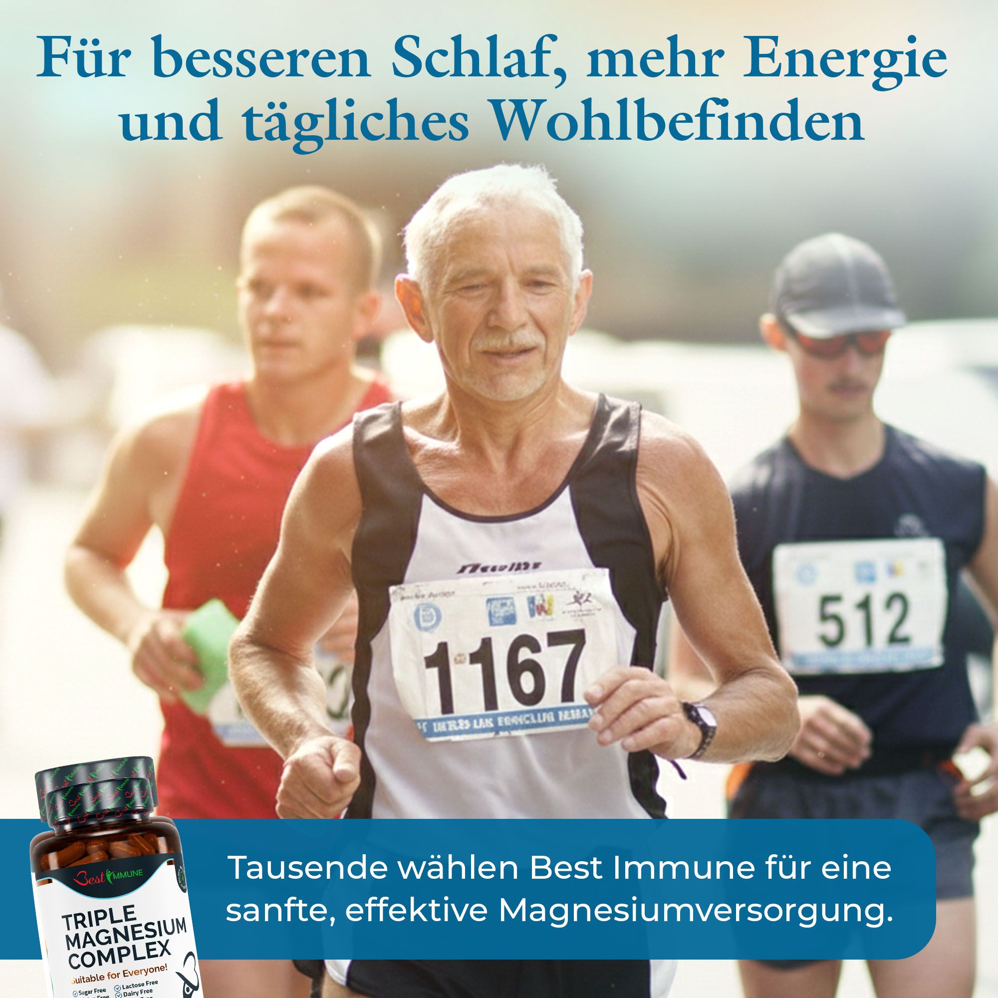 Drei Läufer bei einem Rennen, ein älterer Mann im Vordergrund. Daneben eine Flasche "Triple Magnesium Complex".
