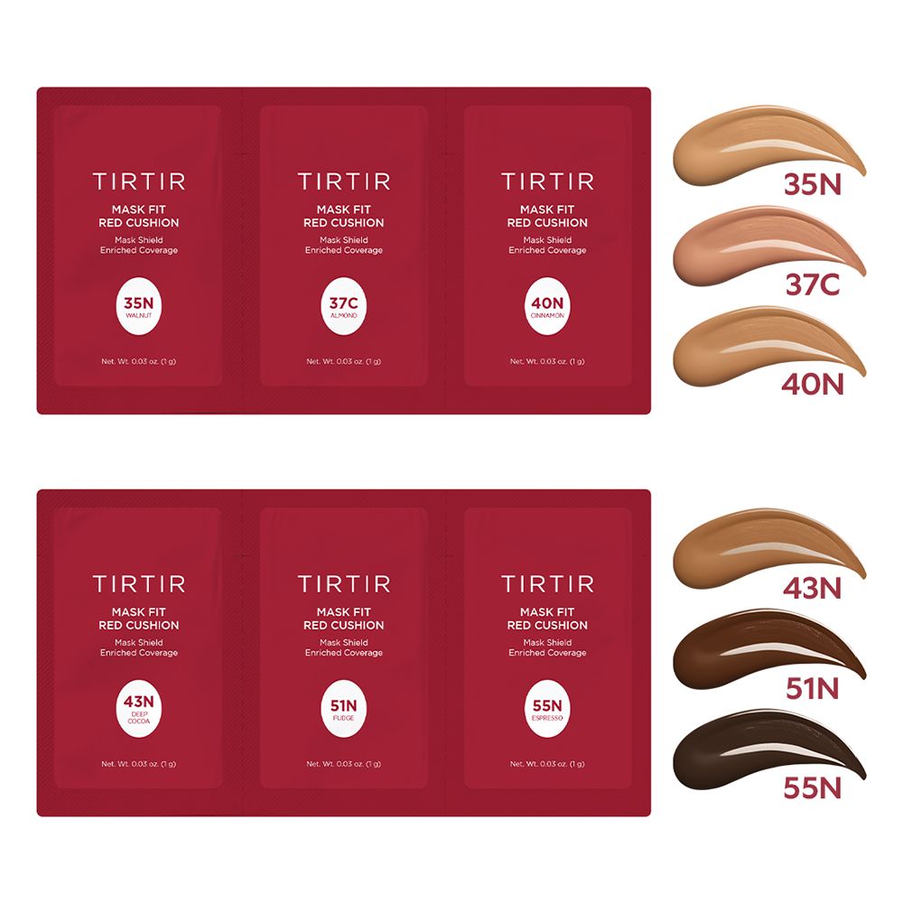 Sechs rote TIRTIR Mask Fit Red Cushion-Verpackungen mit Farbmustern. Farbtöne: 35N, 37C, 40N, 43N, 51N, 55N. Mask Shield Enriched Coverage.