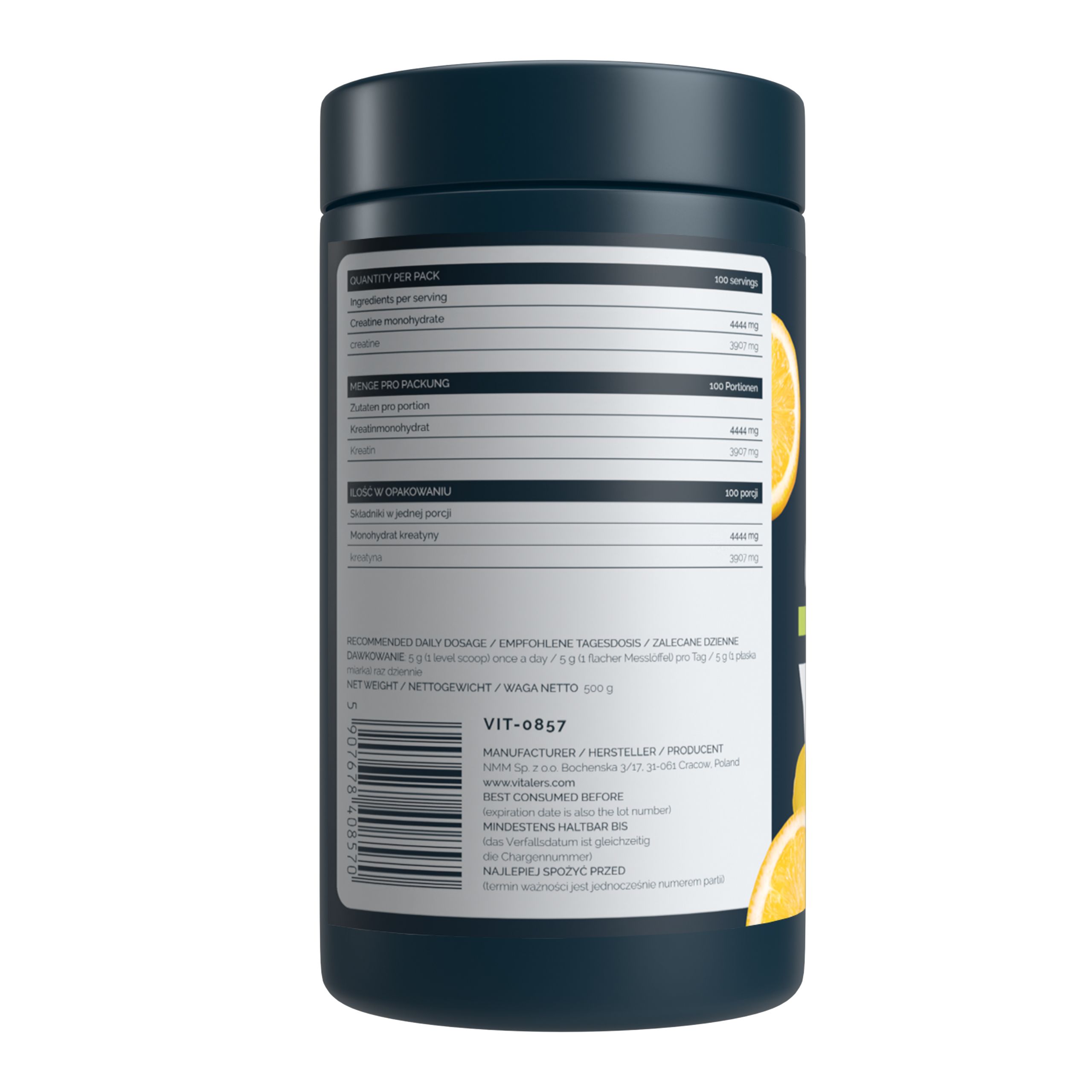Seitenansicht eines dunklen Behälters mit Vitaler's Sport Kreatin Monohydrat, Nährwertangaben und Barcode.
