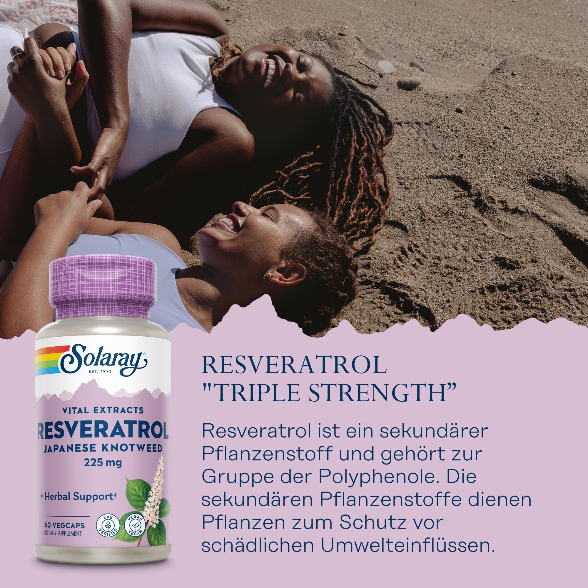 Solaray Resveratrol Triple Strength Flasche. 60 Vegicaps. Aufschrift: Vital Extracts, Japanese Knotweed 225 mg. Herbal Support.