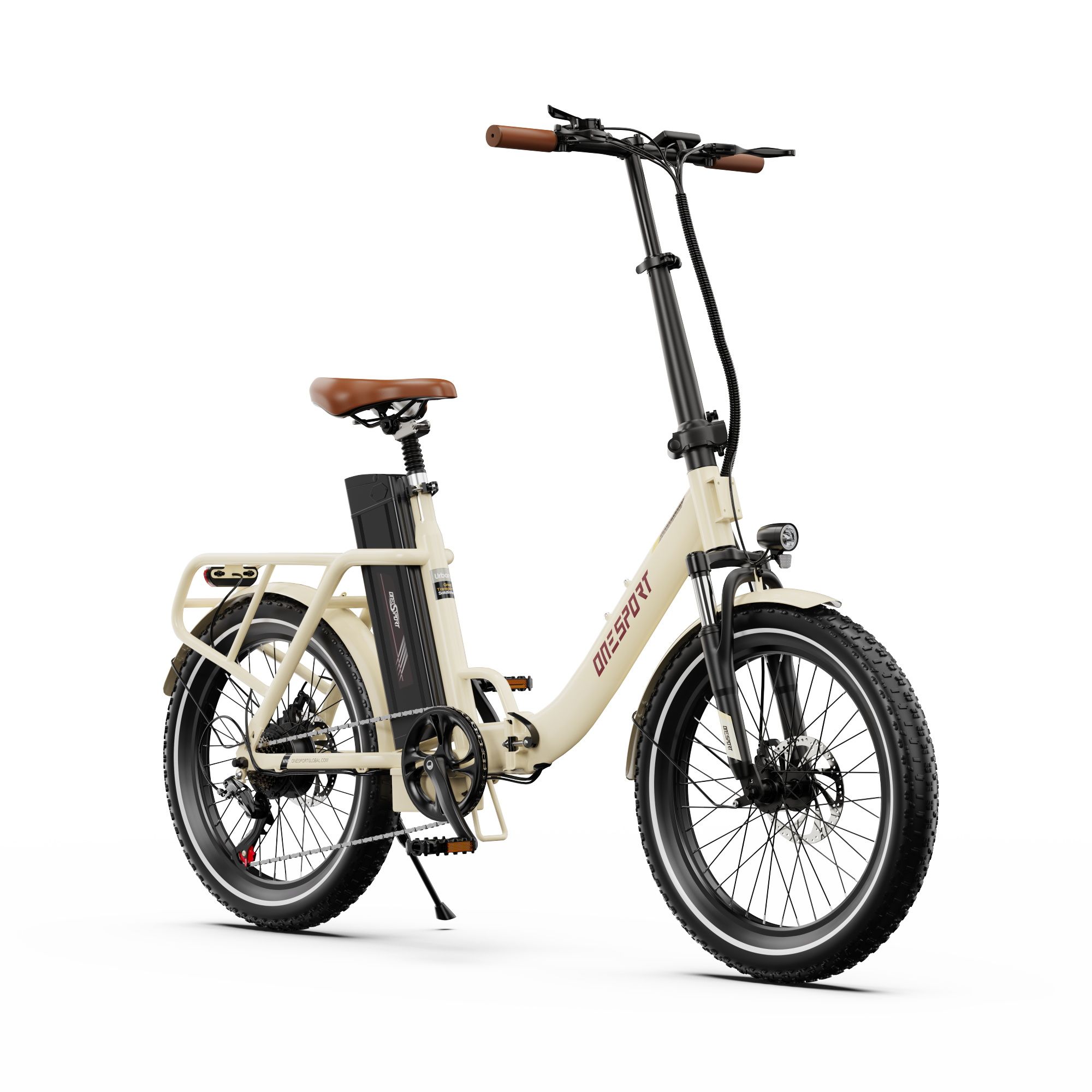 Beige Elektrofahrrad mit braunem Sattel und Lenker. ONESPORT-Logo. Schwarze Reifen und Akku.