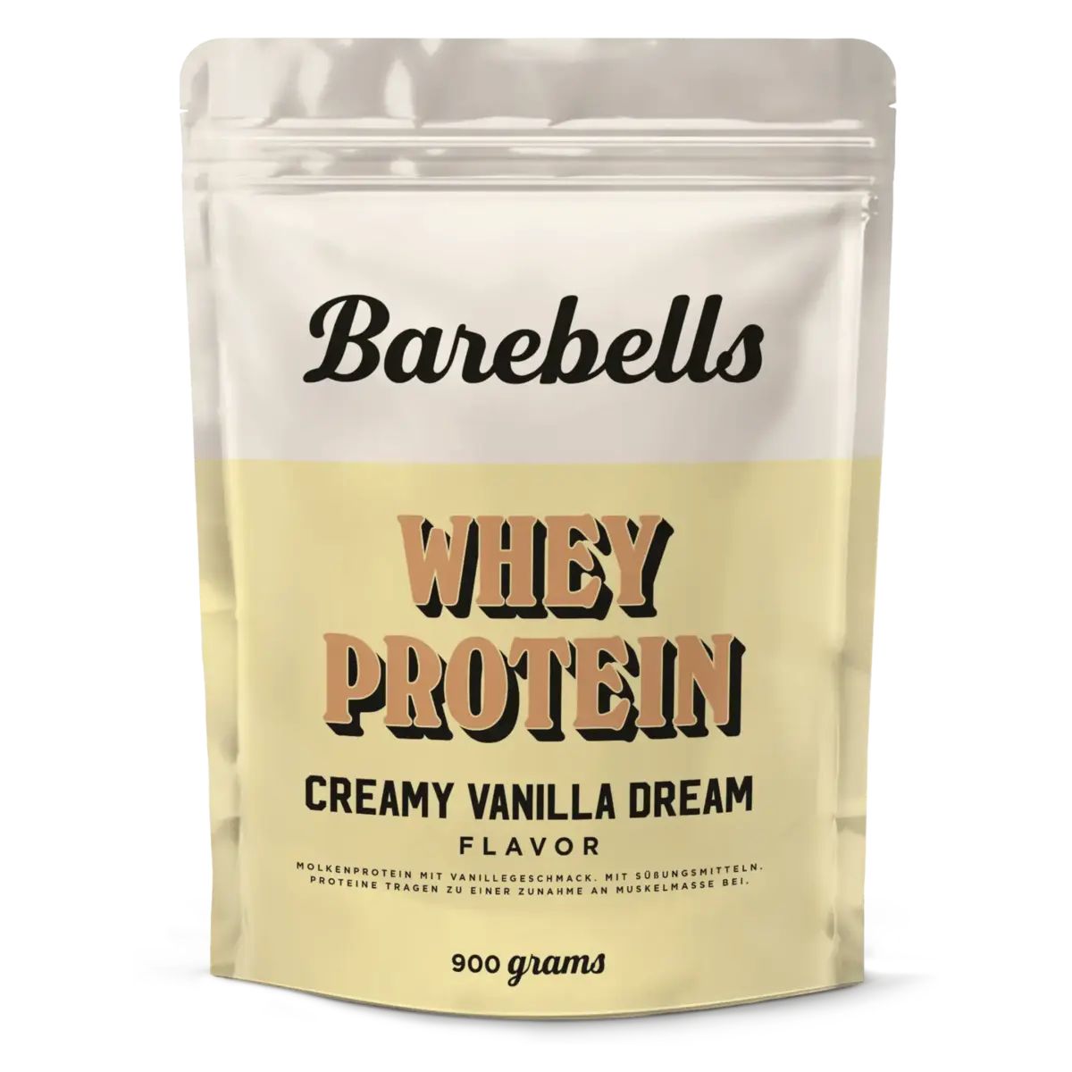 Beutel mit Barebells Whey Protein. Aufschrift: Whey Protein, Creamy Vanilla Dream, Flavor. Unten: 900 Gramm.