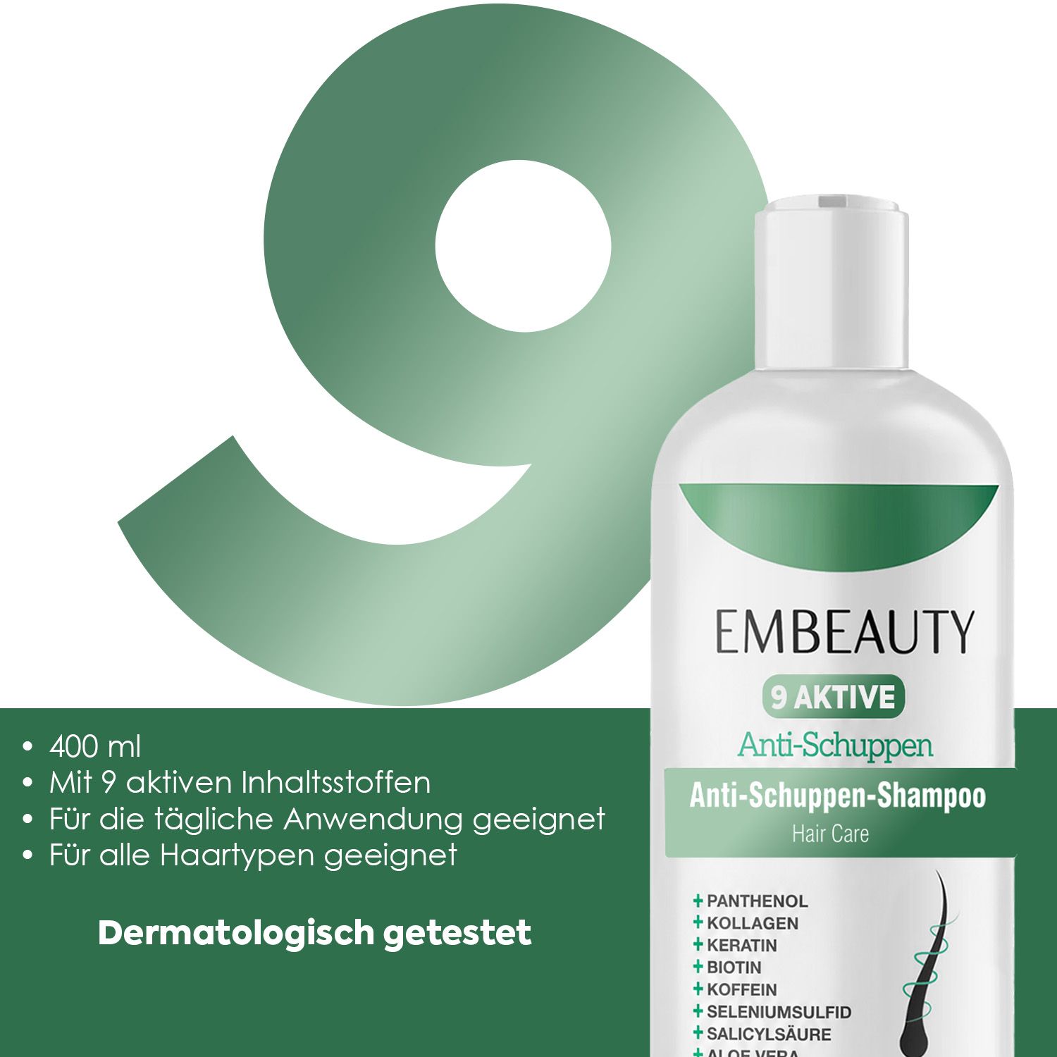 Embeauty 9 Anti-Schuppen Shampoo, 400 ml, mit 9 aktiven Inhaltsstoffen, dermatologisch getestet.