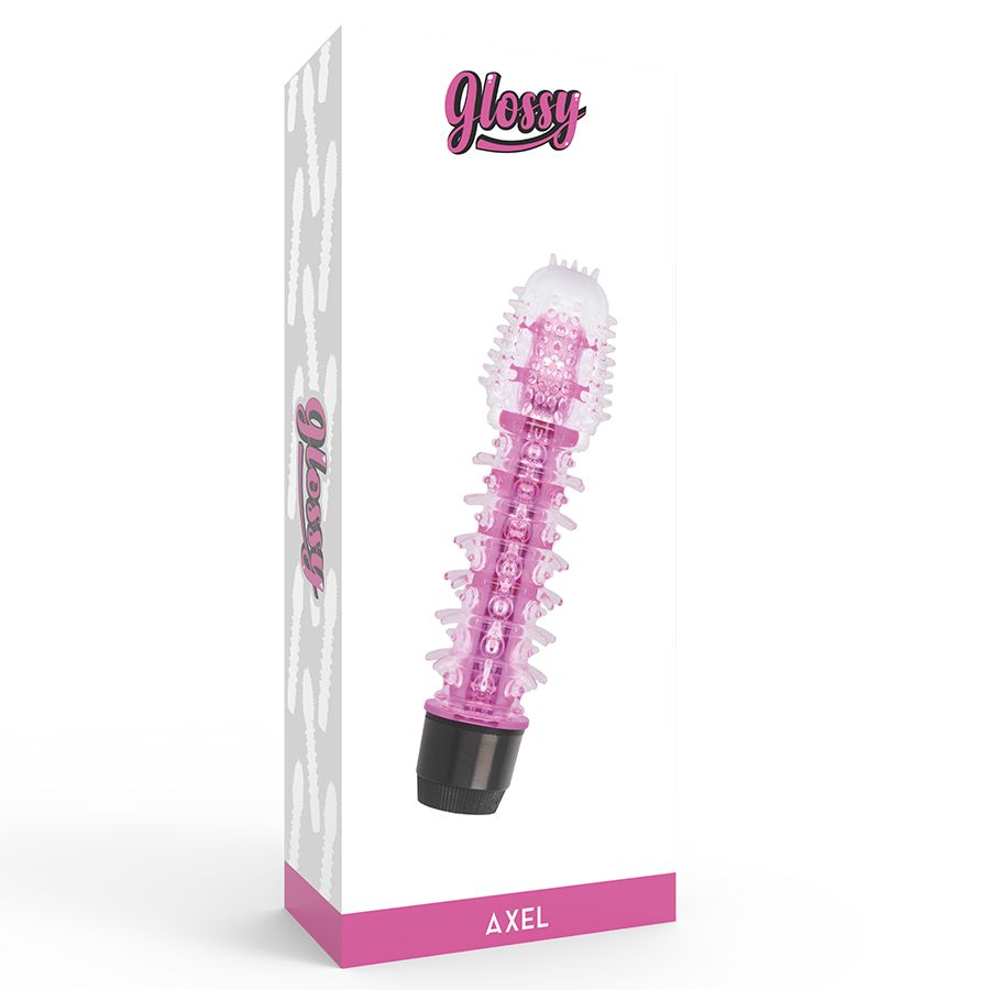Verpackung mit Vibrator. Marke GLOSSY. Produktname: AXEL. Rosa Vibrator mit Noppenstruktur.