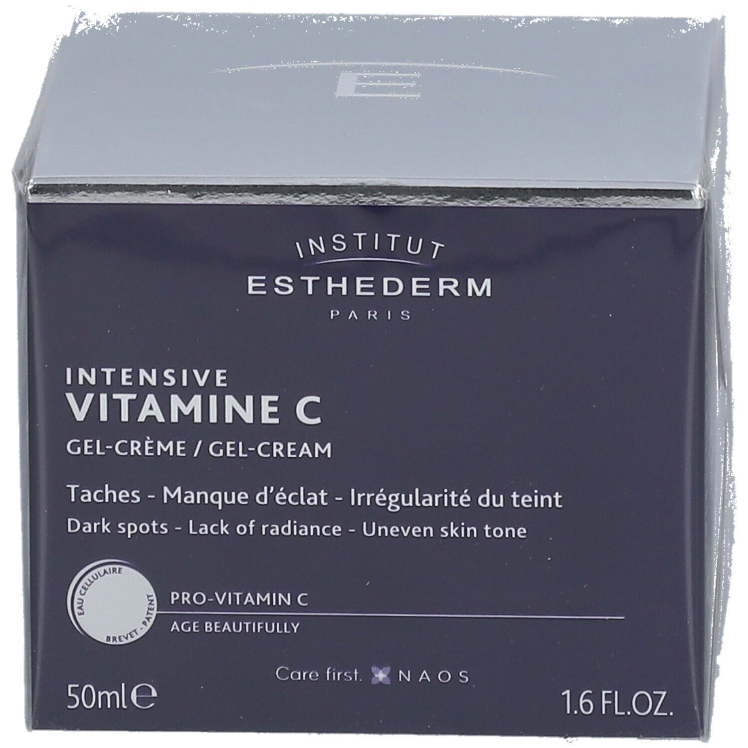 Dunkelblaue Schachtel mit Text. INSTITUT ESTHEDERM, INTENSIVE VITAMINE C GEL-CREME. 50ml, 1.6 FL.OZ.