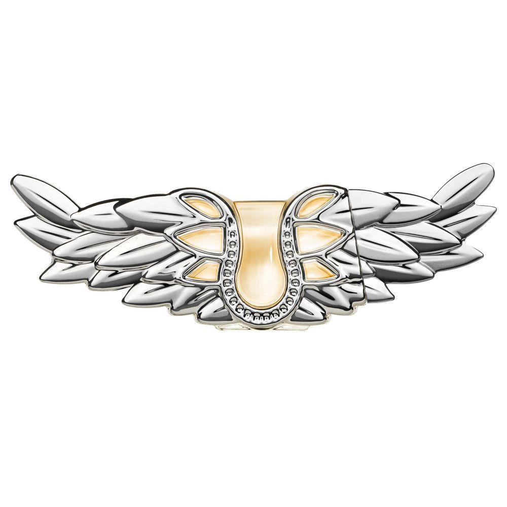 Silbernes Flügel-Accessoire mit gelbem Mittelteil. Detailaufnahme, Studioaufnahme.