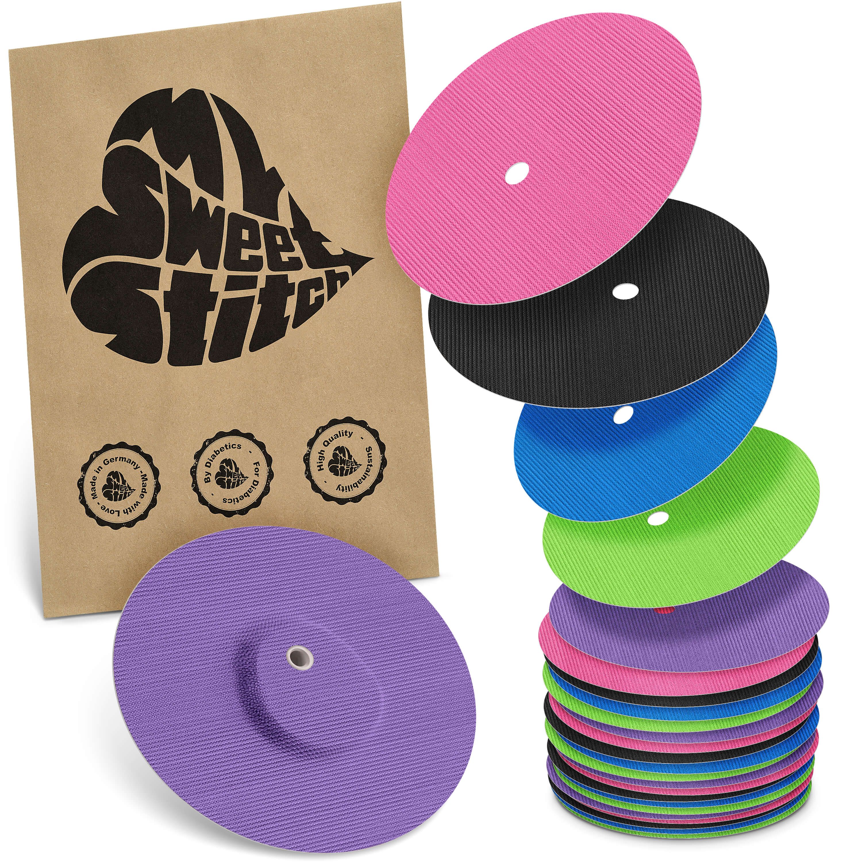 Beutel mit Aufklebern in verschiedenen Farben. Aufkleber mit Loch in der Mitte. Marke: MySweetStitch.