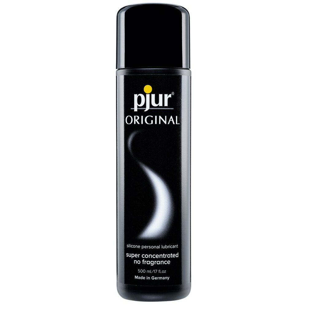 Schwarze Flasche mit schwarzem Deckel. Aufschrift "pjur ORIGINAL". Weiße, geschwungene Linie. Text: "silicone personal lubricant super concentrated no fragrance".