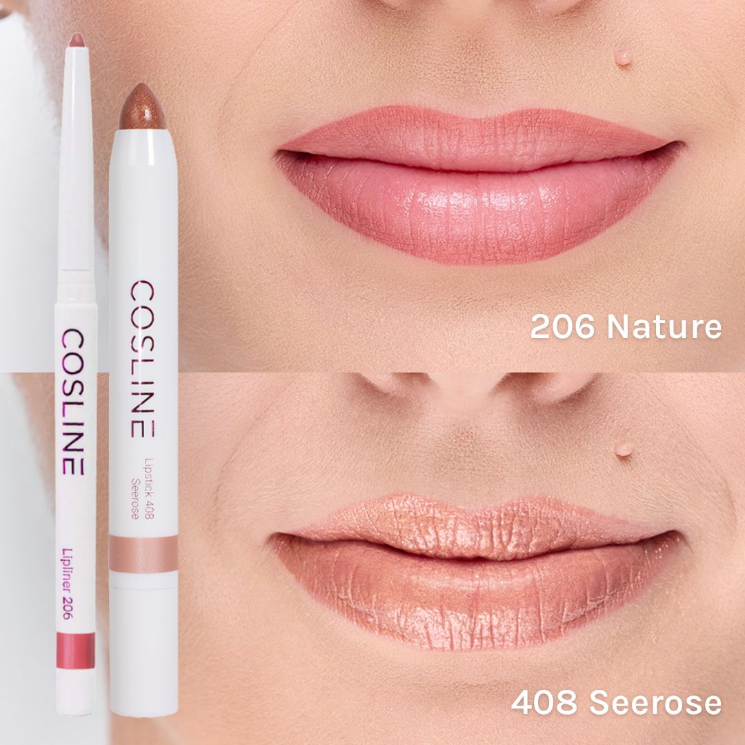 Vergleich von zwei Lippenstiften und deren Farbergebnissen auf Lippen: '206 Nature' und '408 Seerose'.