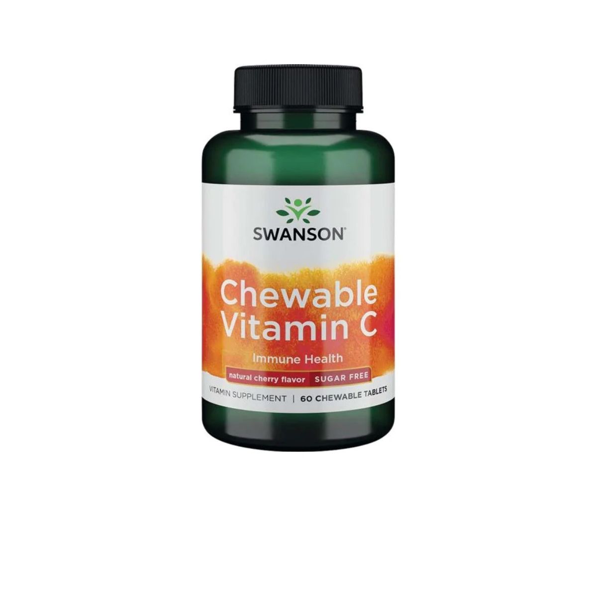 Grüne Flasche mit schwarzem Deckel. Etikett mit "SWANSON", "Chewable Vitamin C", "Immune Health". Kirschgeschmack, zuckerfrei. 60 Tabletten.