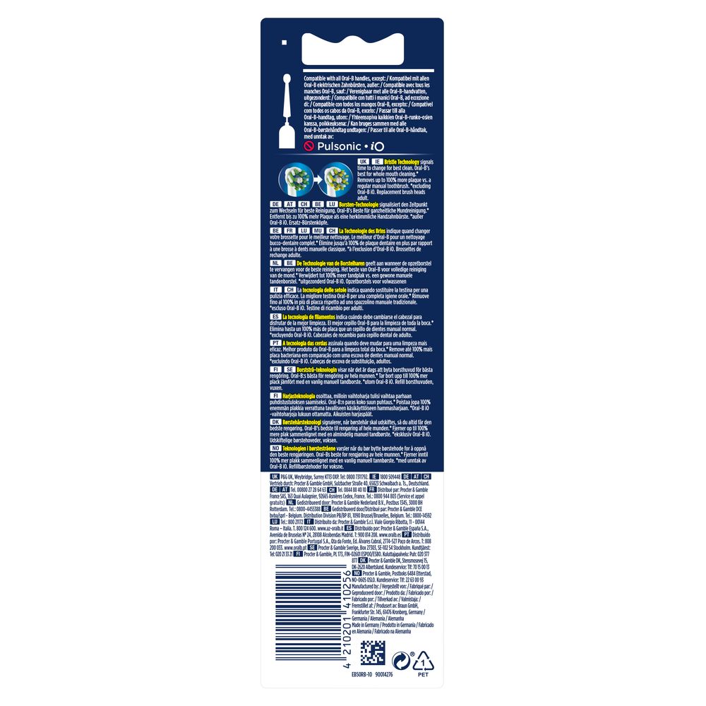 Rückseite der Verpackung. Text und Illustrationen zu den Zahnbürstenaufsätzen. Informationen in mehreren Sprachen.