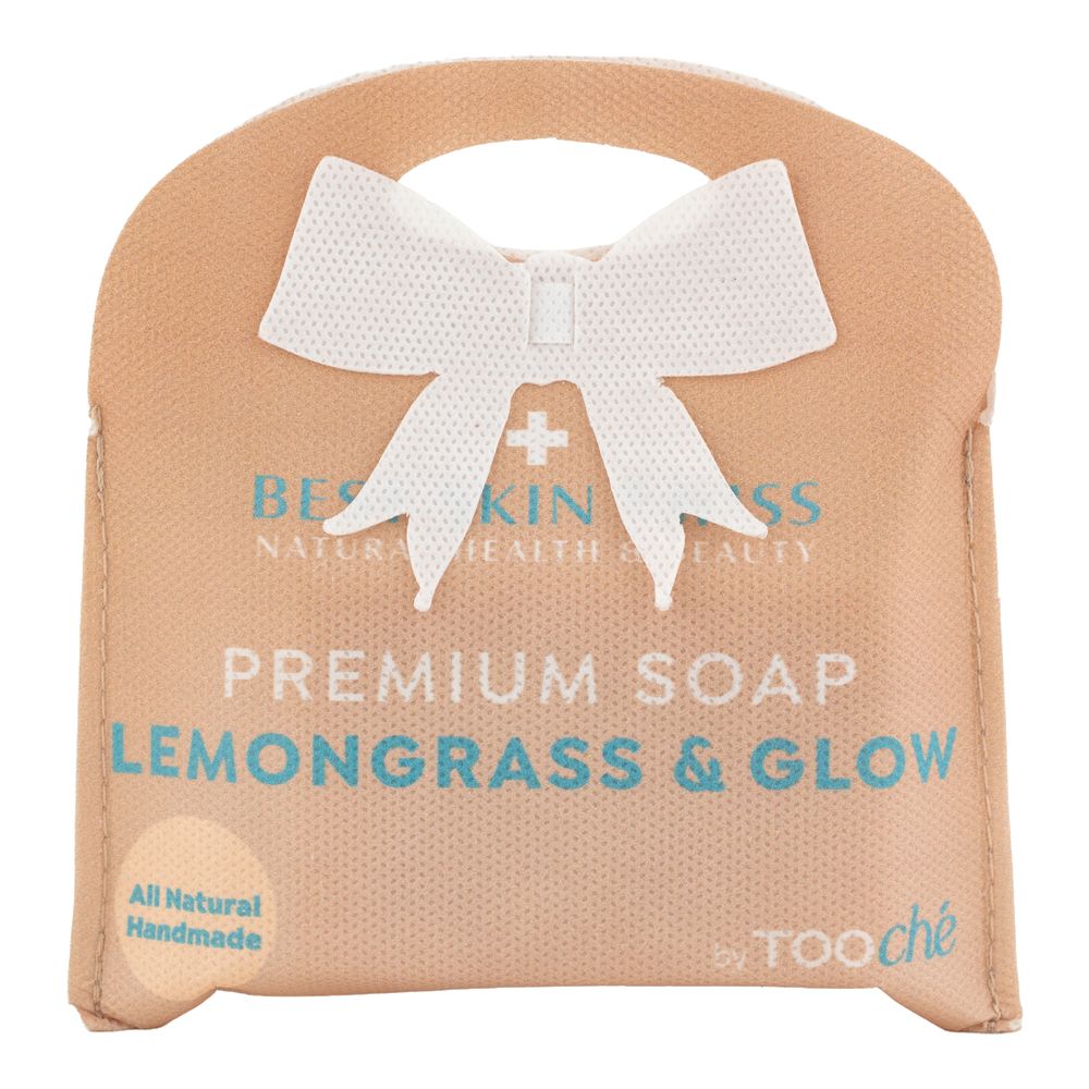Verpackung für Seife "Lemongrass & Glow". Beige mit weißer Schleife. Produktname und Logo sind deutlich sichtbar.