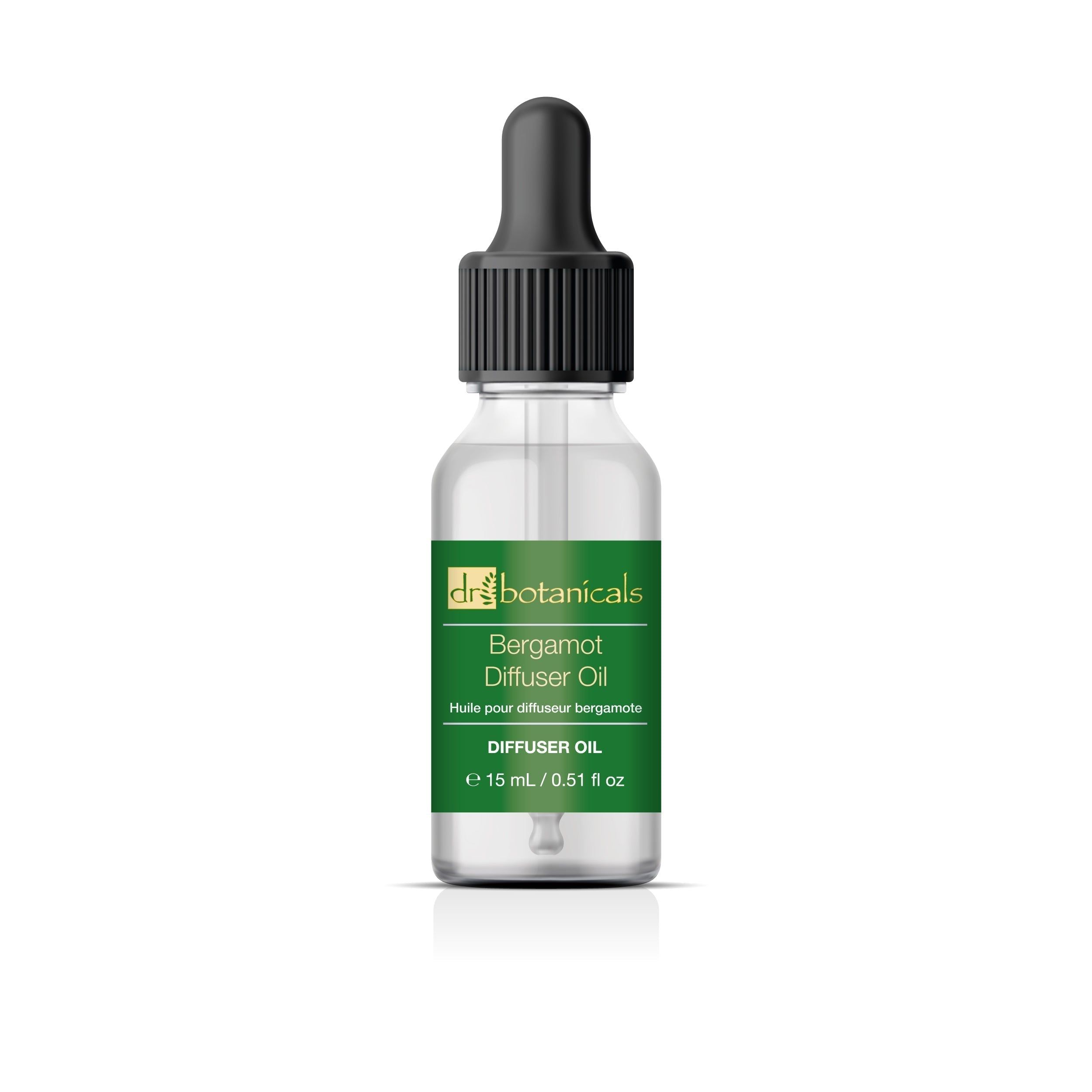 Bergamotte Diffuser-Öl in Glasflasche mit Pipette. Etikett mit Produktnamen und Volumenangabe.