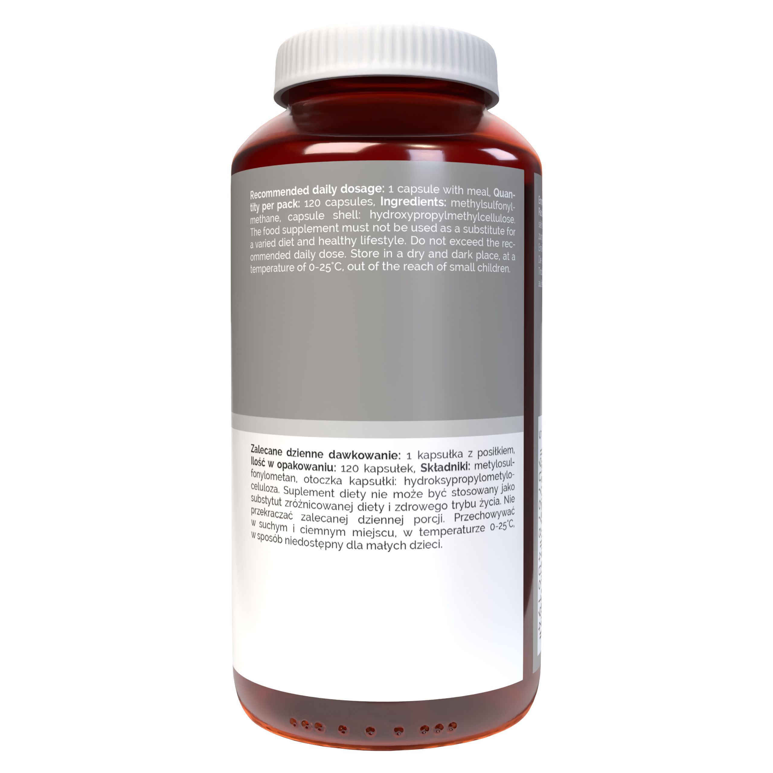 Rückseite einer Vitaler's MSM Kapsel-Flasche mit Etikett und Produktinformationen.