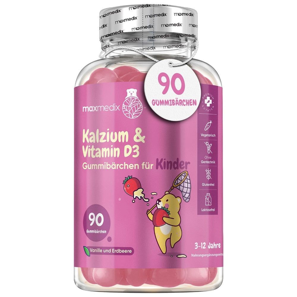Flasche mit 90 Gummibärchen. Aufschrift: Kalzium & Vitamin D3 für Kinder. Mit Erdbeer- und Vanille-Geschmack.