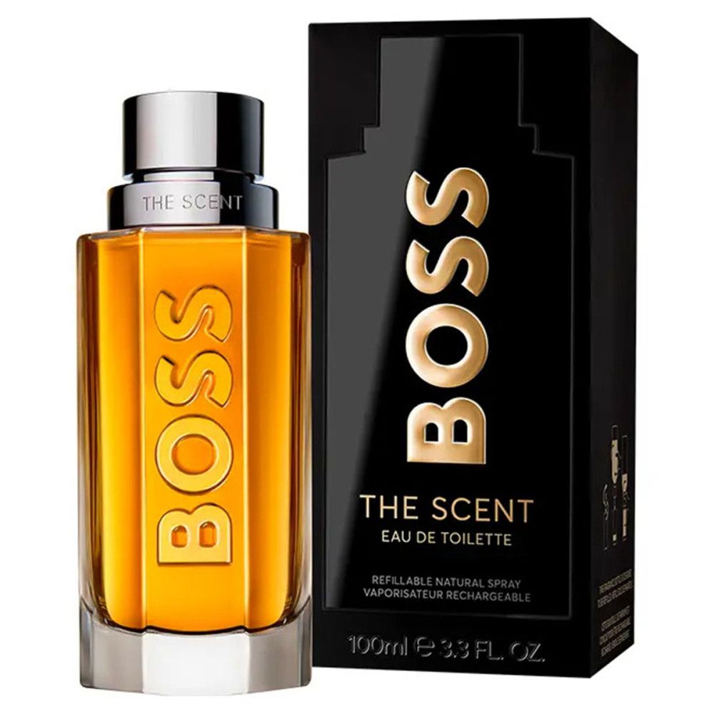 Flakon mit goldfarbener Flüssigkeit und schwarzer Verpackung. Aufschrift BOSS THE SCENT Eau de Toilette. 100ml.