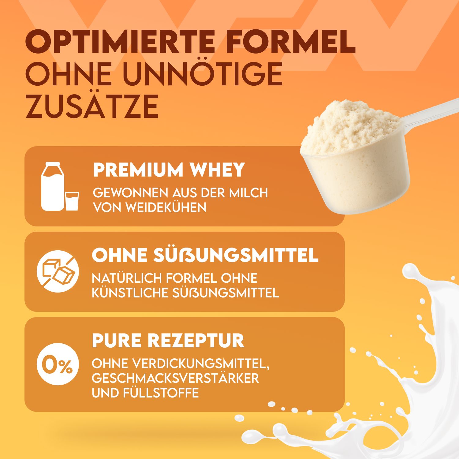 Löffel mit Proteinpulver. Text: Optimierte Formel ohne unnötige Zusätze. Premium Whey, ohne Süßungsmittel, Pure Rezeptur.