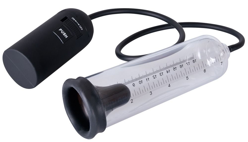 Zylinderförmige Pumpe mit schwarzem Schlauch und Bedienungsteil. Skala in cm. Schwarzer Sockel und Anschluss.