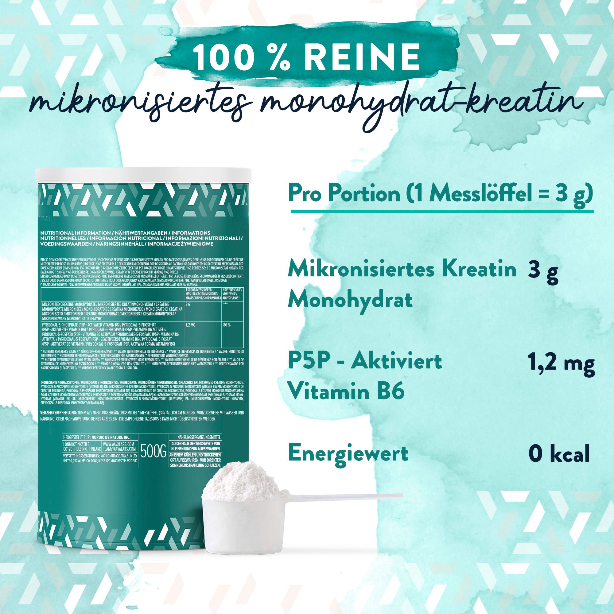 Nährwertangaben. Text: Kreatin Monohydrat, 3g, P5P-Vitamin B6, 1,2mg. Messlöffel mit Pulver.