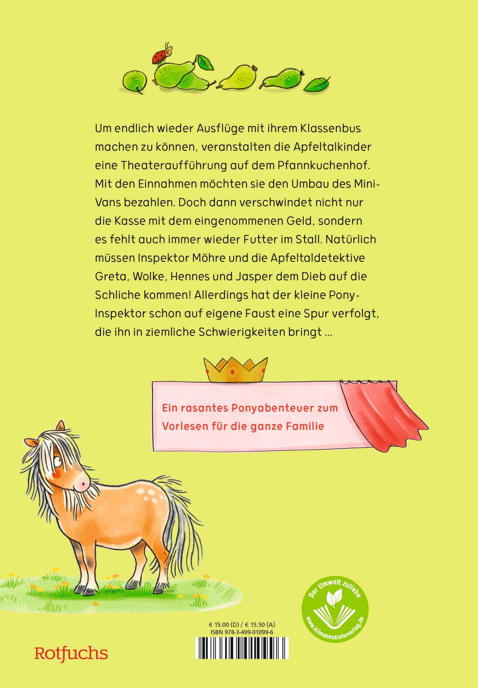 Buchrückseite: Inspektor Möhre - Ein Fall für vier Hufe. Illustration mit Pony, Text und Logo. Verlag Rotfuchs.