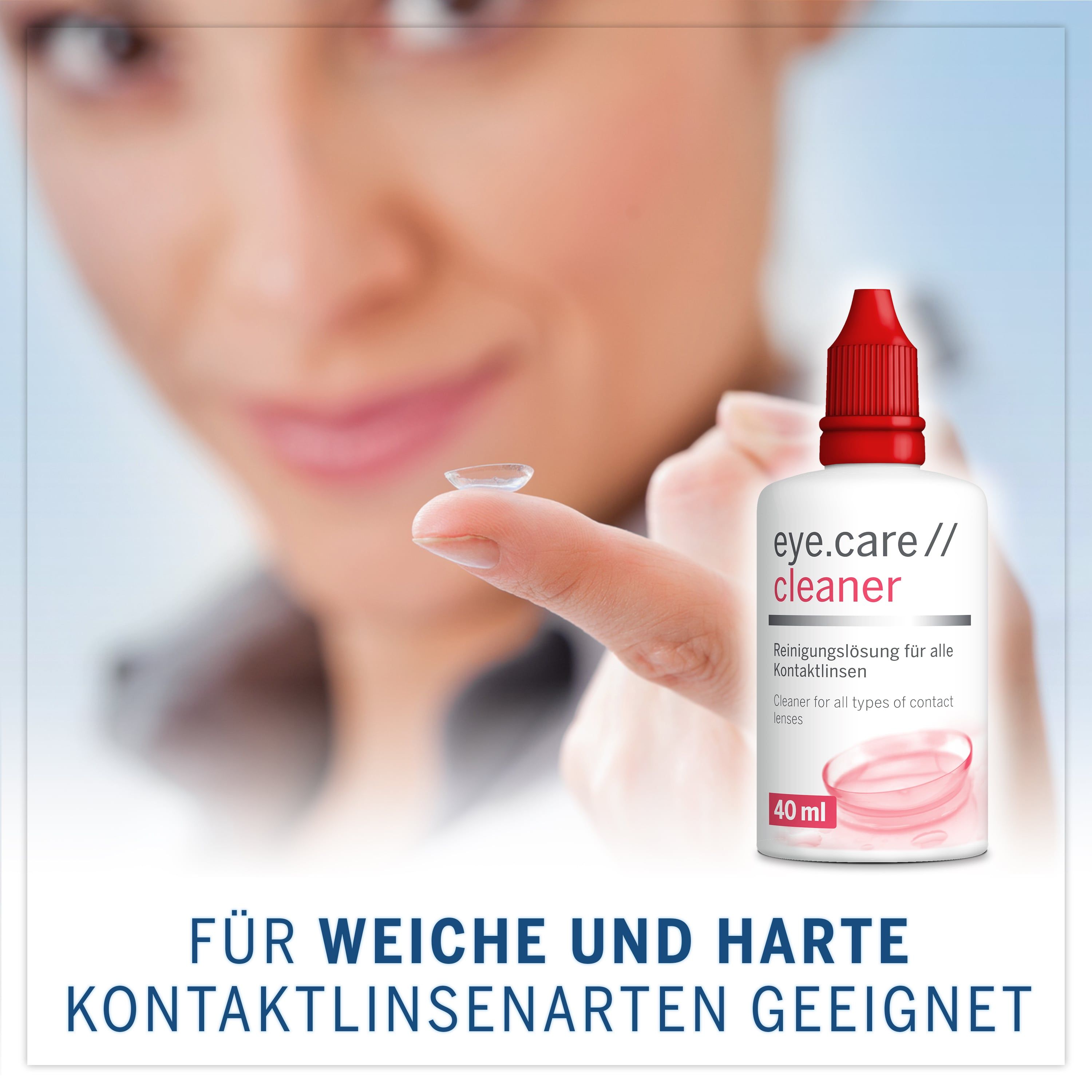 Flasche eye.care// cleaner Reinigungslösung für Kontaktlinsen, 40 ml, mit einer Frau und einer Kontaktlinse.