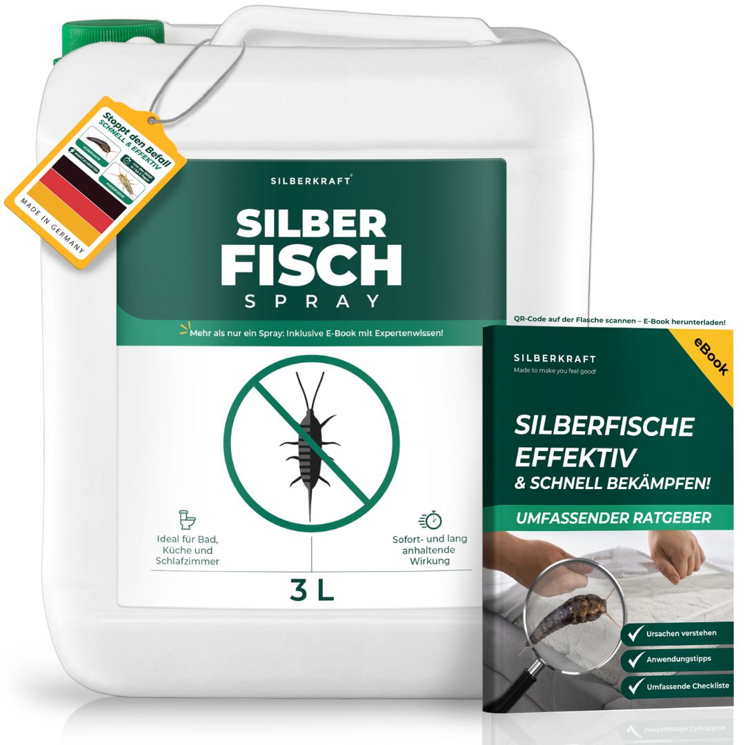 3L Sprühflasche Silberfischspray mit Siegel 'Made in Germany' und Ratgeber-eBook.