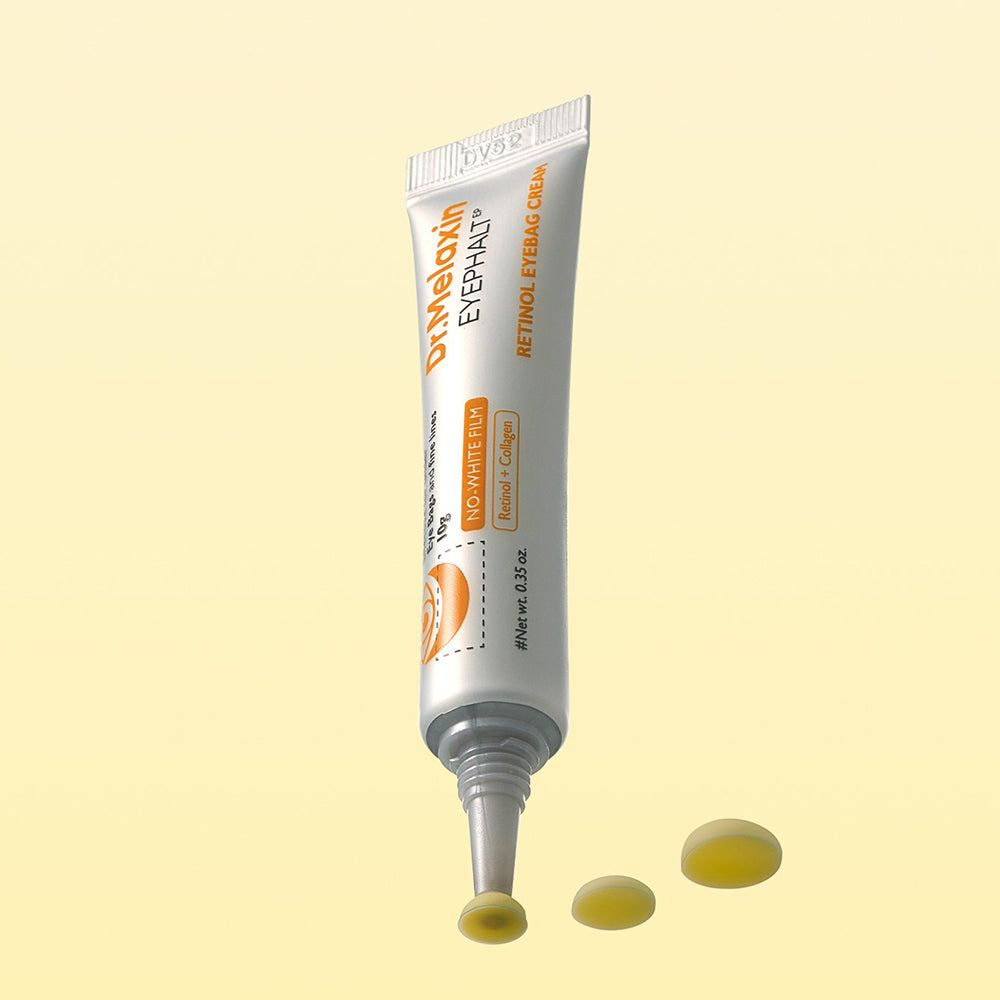 Dr. Melaxin Retinol Augenpflegecreme Tube mit Applikator und Produktproben.