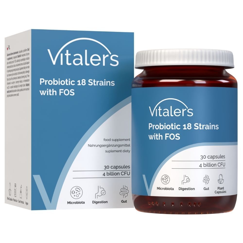 Vitaler’s Probiotikum 18 Stämme mit FOS: Kartonverpackung und Flasche mit 30 Kapseln.
